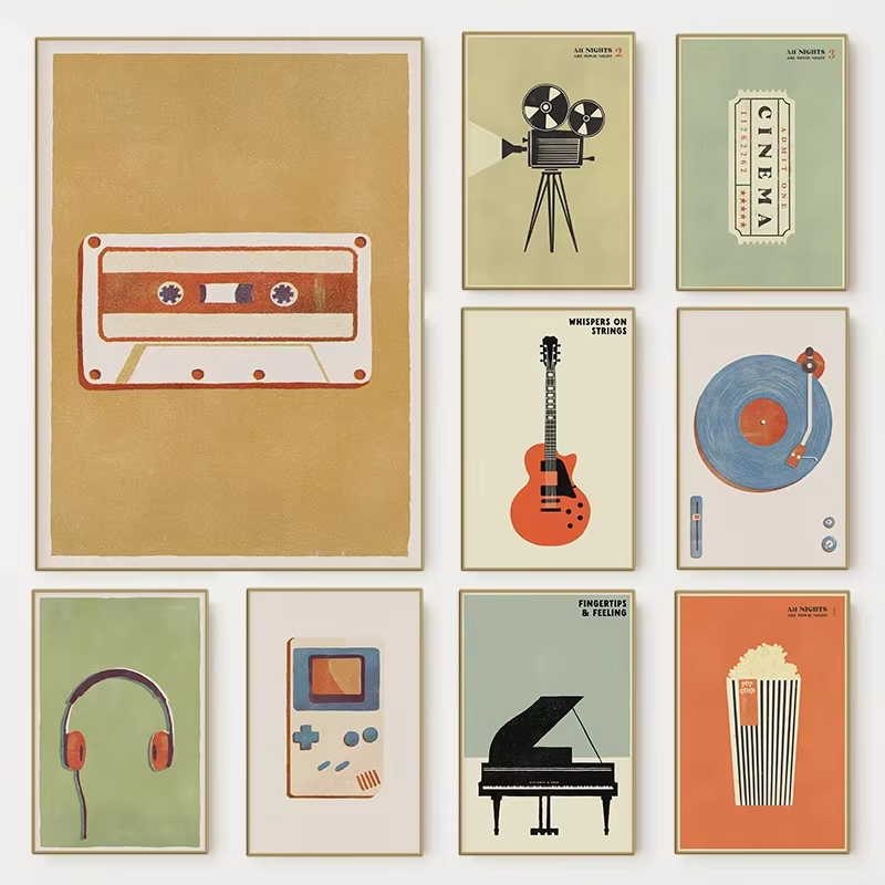 Musical Instrument Image - レトロな中世風ポップミュージック楽器ポスター | 90年代のファッションミュージカルキャンバスアート | 家、リビングルーム、バーの装飾