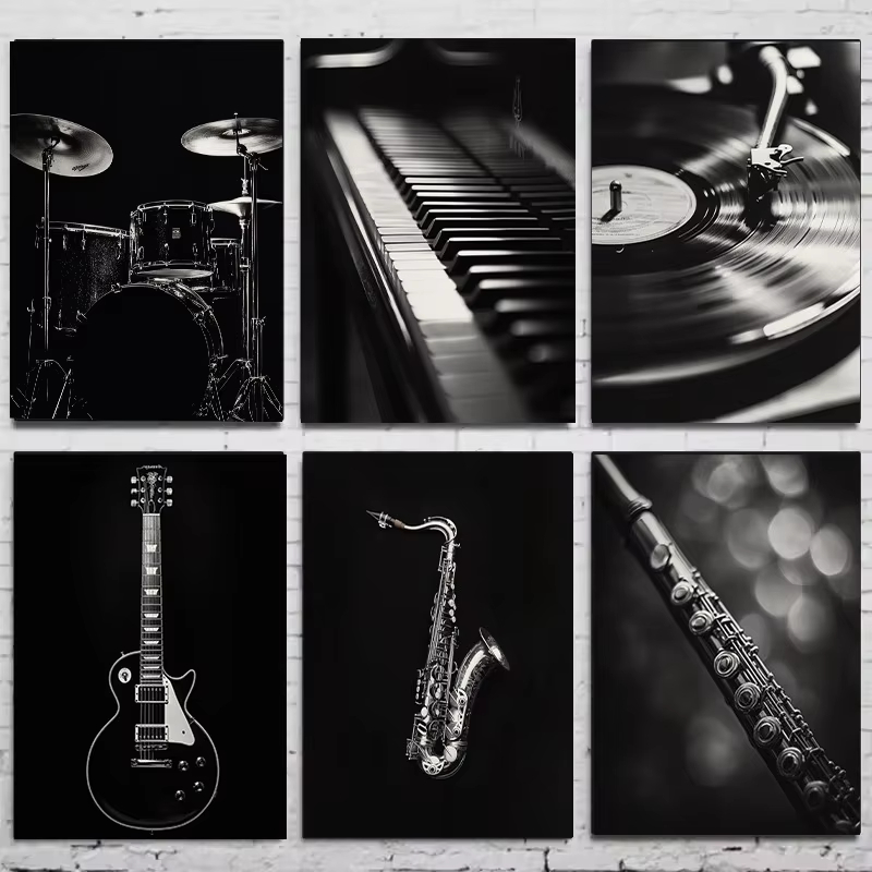 Musical Instrument Image - モダンな黒と白の楽器ポスターギタードラムピアノトランペットキャンバス絵画壁アートリビングルーム家の装飾ムラ