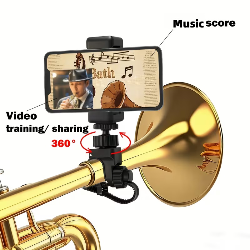 Musical Instruments Online - 調整可能な360度 ° トランペット/フリューゲルホルン/サックス用回転スタンド、電話ホルダー付き - 楽譜、オンライン楽器練習用